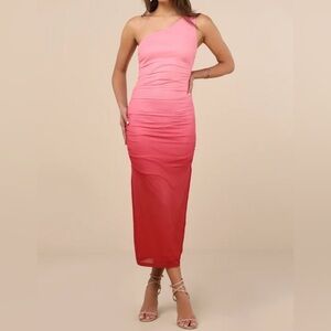 Lulus NWT “Beautiful Perception” Pink Ombré One- Shoulder Mesh Midi Dress, Small